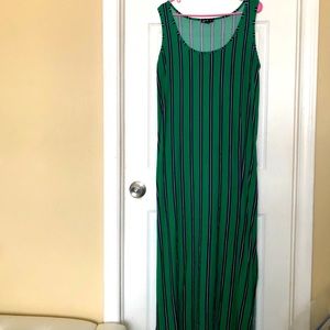 Green vertical striped maxi dress with side split